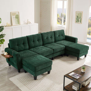 Modular Sectional Sofa With Movable Ottomans, USB Ports & Side Tables