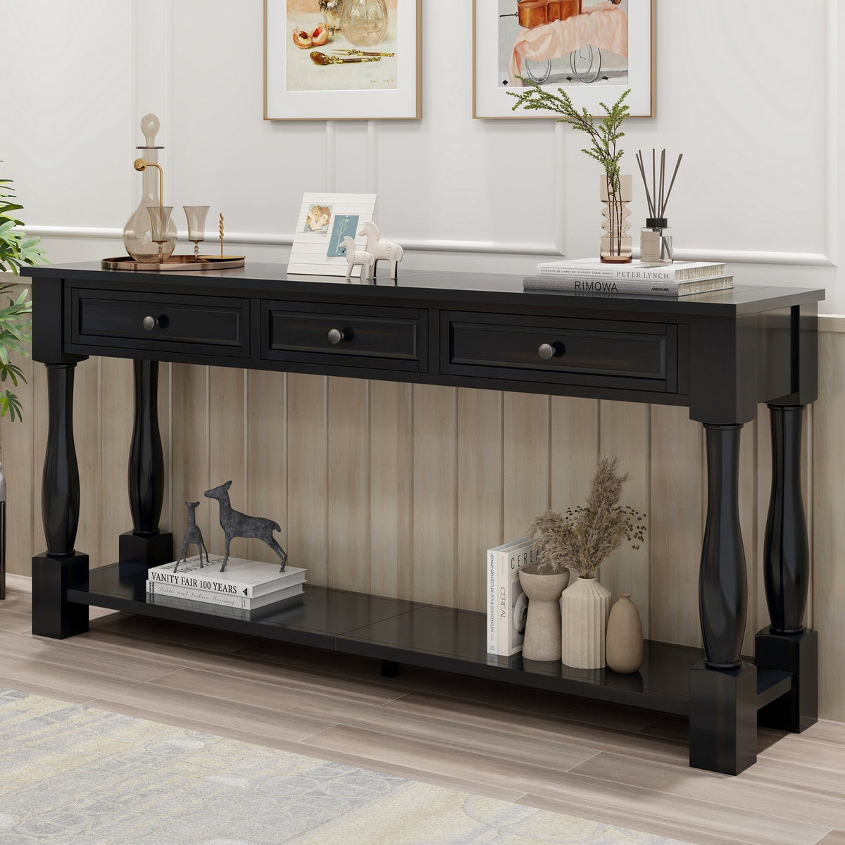 TREXM 63" Long Console Table with Drawers and Shelf