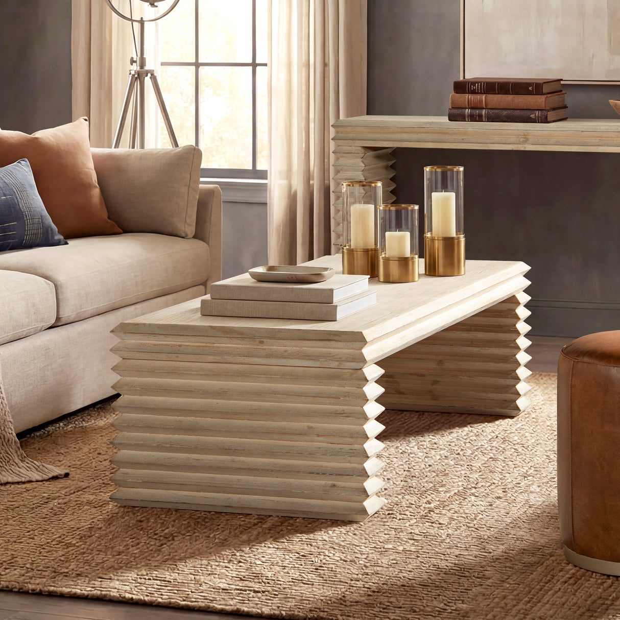 Veda 55' Reclaimed Wood Stacked Geometric Waterfall Coffee Table, Whitewashed Natural Reclaimed Pine Wood
