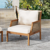 Acacia Wood Patio Furniture Club Chair Outdoor Wicker Armchair with Deep Seating and Soft Cushions