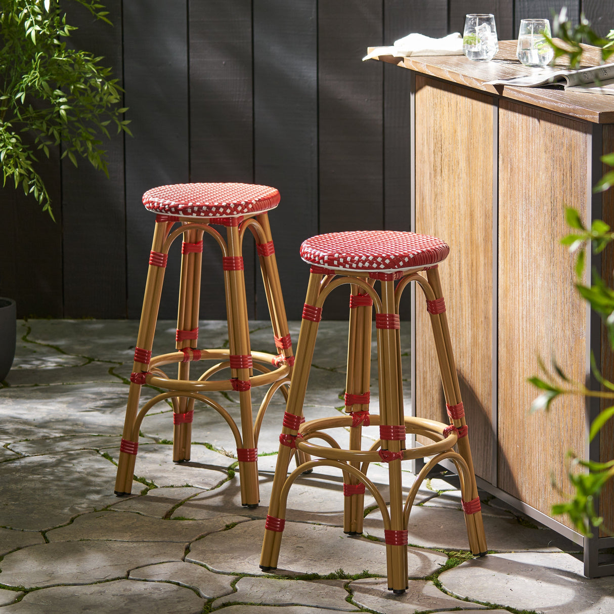 Outdoor PE Rattan and Aluminum French Backless Barstools, Set of 2