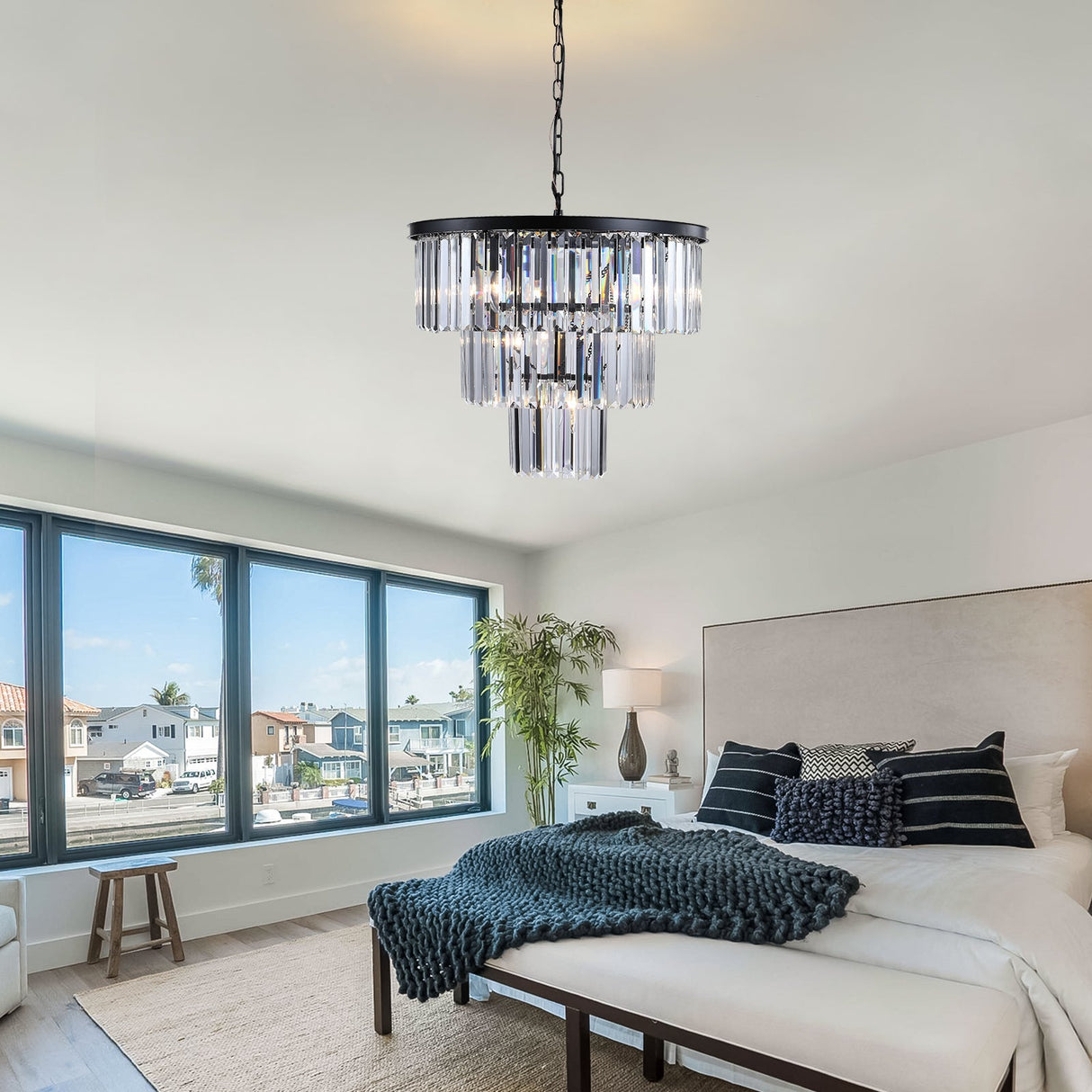 20' Modern Crystal Chandelier with Black Finish – Elegant 7-Light Pendant Light with 3 Tier Crystal Strands for Dining Room, Living Room, or Bedroom (Bulb Not Included)