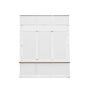 Hall Tree With Bench And Shoe Storage, 5 In 1 Entryway Organizer Cabinet With Coat Rack, 4 Shoe Cubbies & 7 Hooks - White