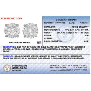 IGI Certified 14K White Gold 1 1/2 Cttw Round Diamond Solitaire Stud Earrings with Screwbacks (G-H Color, I1-I2 Clarity)