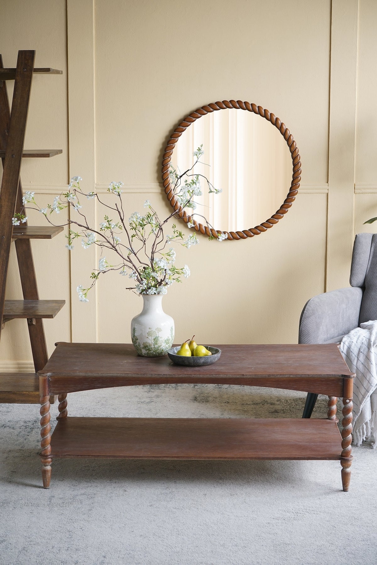 Rustic Brown Wood Coffee Table with Turned Spiral Legs and Lower Shelf