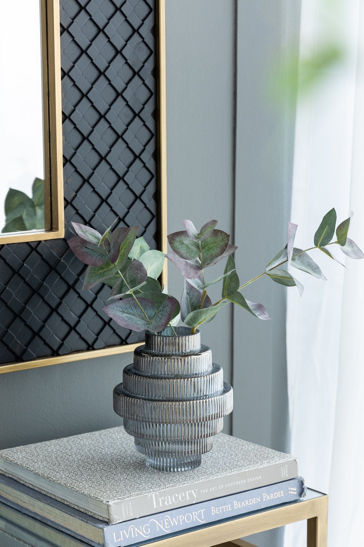 D5.9x6.7' Multi-Tiered Geometric Vase with Smoked Blue Finish, Set of 2