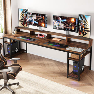 2 Person Desk With Monitor Stand, Long Office Workstation With Dual Storage Shelves And Frame - Brown / Black