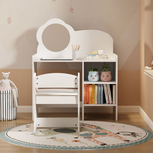 Kids Vanity Table with Mirror and Chair with Storage Shelves - White