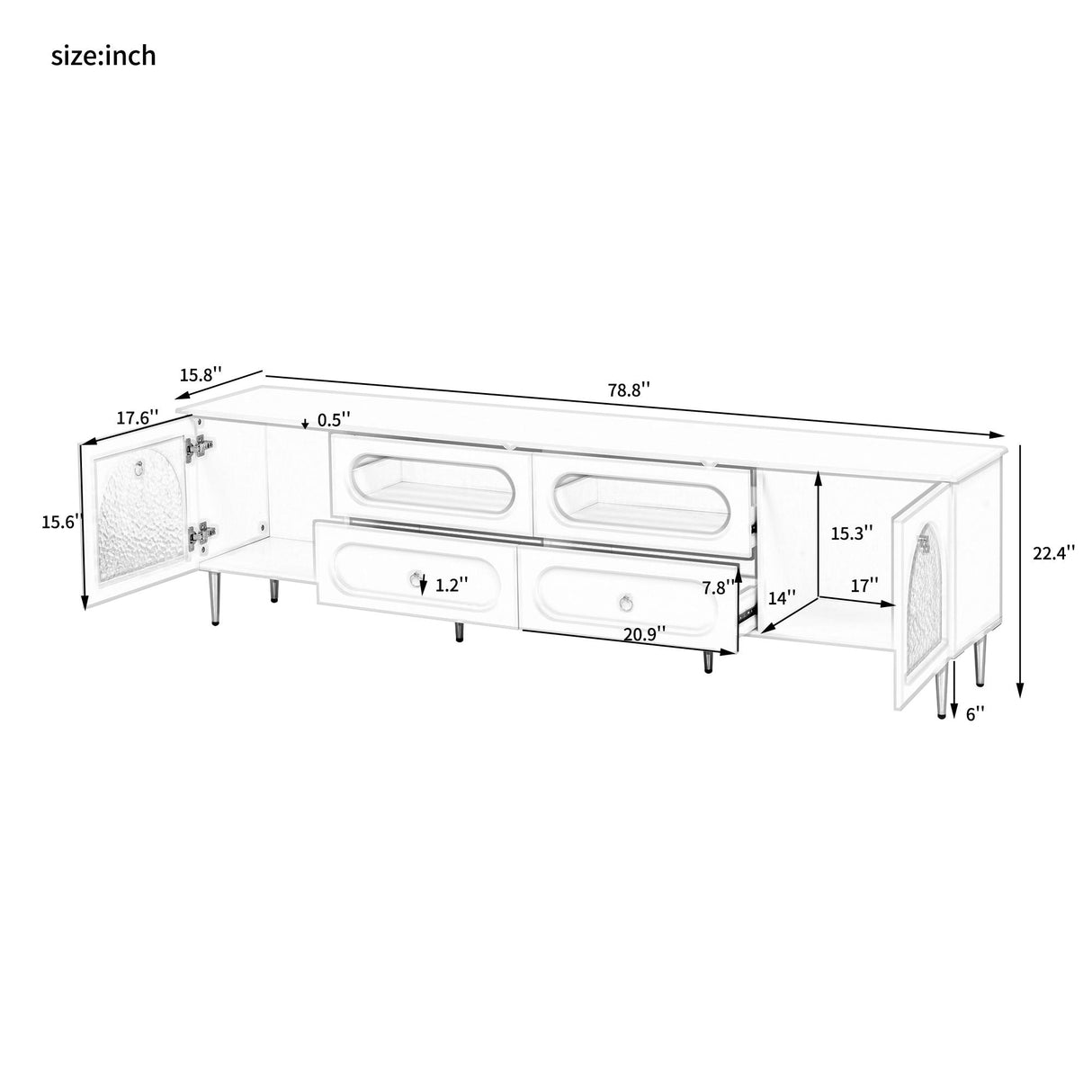 Retro TV Stand With 6 Metal Legs, 2 Cabinets, 4 Drawers