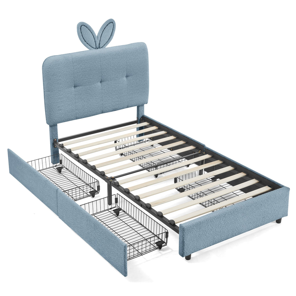 Twin Size Kids Upholstered Bed with Oversized Rabbit Ear Headboard, LED Light & 4 Storage Drawers, Boucle Fabric (79.5''X40.75''X41'')