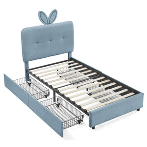 Twin Size Kids Upholstered Bed with Oversized Rabbit Ear Headboard, LED Light & 4 Storage Drawers, Boucle Fabric (79.5''X40.75''X41'')