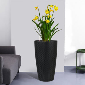 Set of 2 Faux Rattan Tall Planters with Automatic Watering System