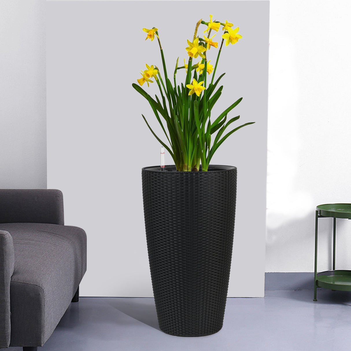 Set of 2 Faux Rattan Tall Planters with Automatic Watering System