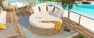 Outdoor Patio Rattan Round Daybed with Retractable Canopy