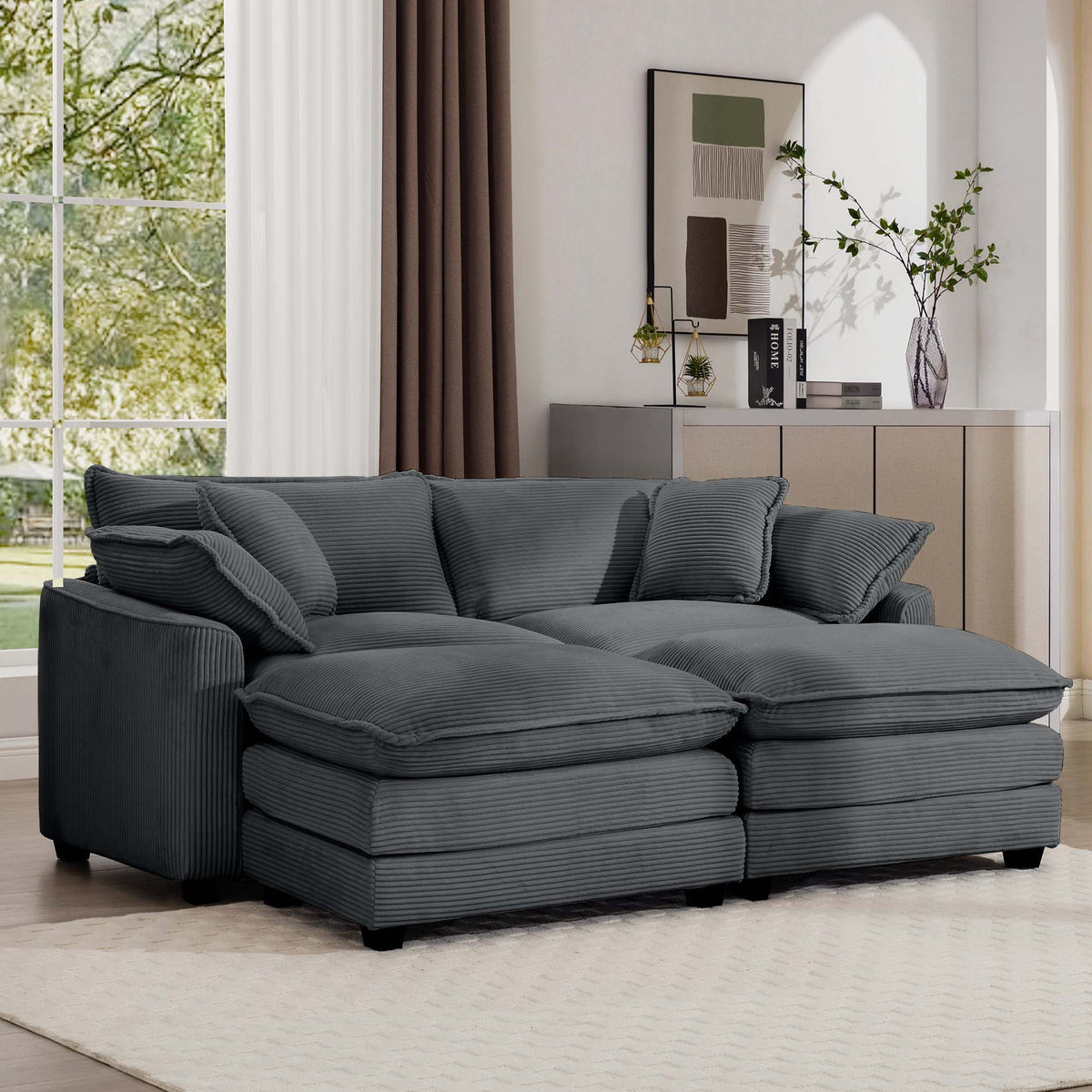 Modern Modular Cushion Sofa Set with Ottoman - Fabric, Multiple Colors