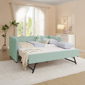 Cozy Gingham Daybed with Trundle Twin Size Sofa Bed No Box Spring Needed, with USB Port and Adorable Wave Shaped, Linen Fabric