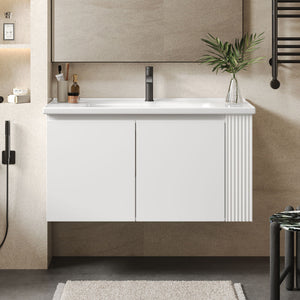 Wall Mounted Bathroom Vanity With Sink, 2 Open Shelves - White
