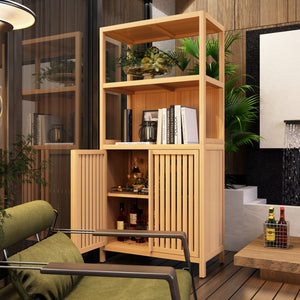 Neutral - Bamboo Storage Cabinet Freestanding With 2 Doors For Bathroom, Living Room, Kitchen, And Entryway - Neutral
