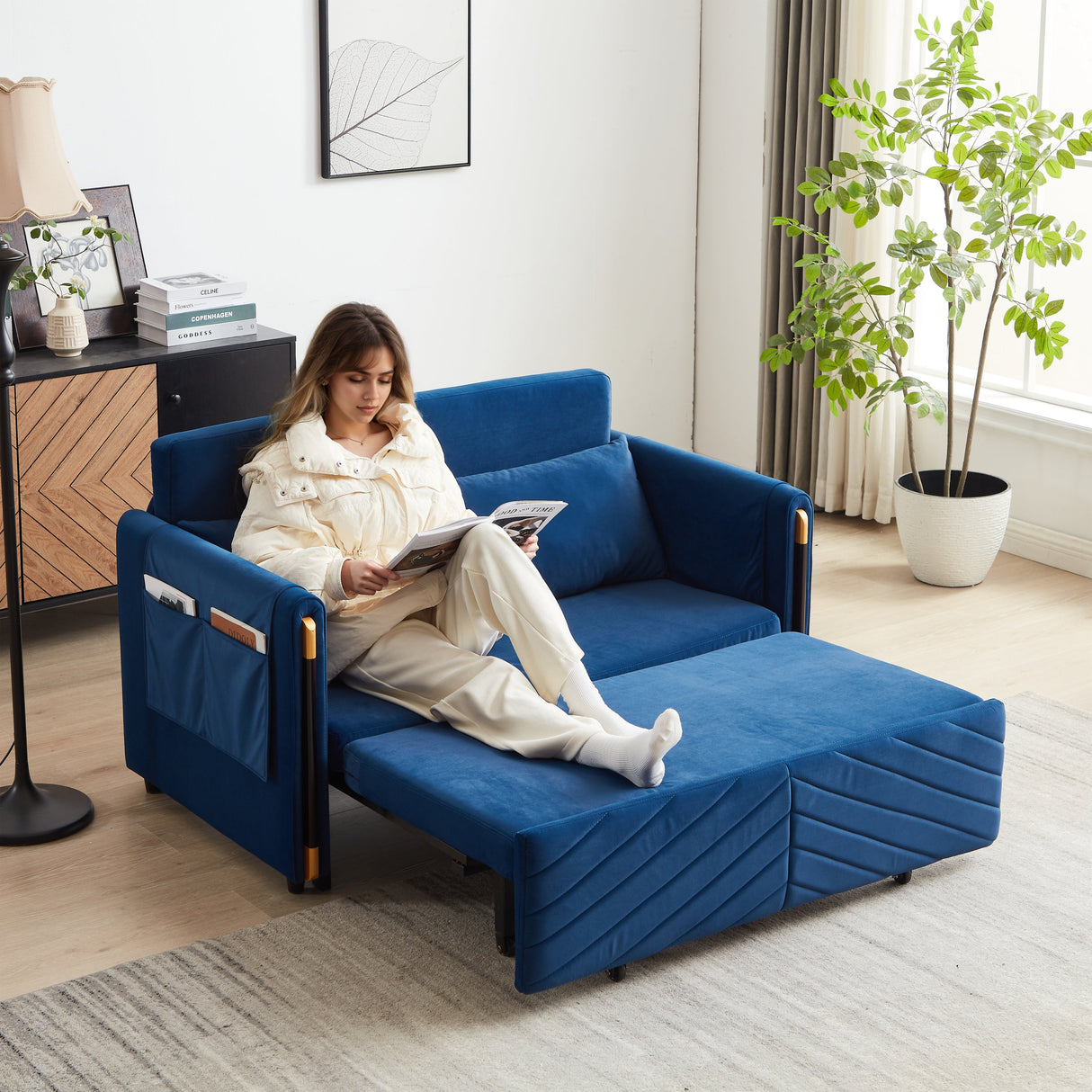 Convertible Velvet Loveseat Sleeper with Arm Storage and Adjustable Back