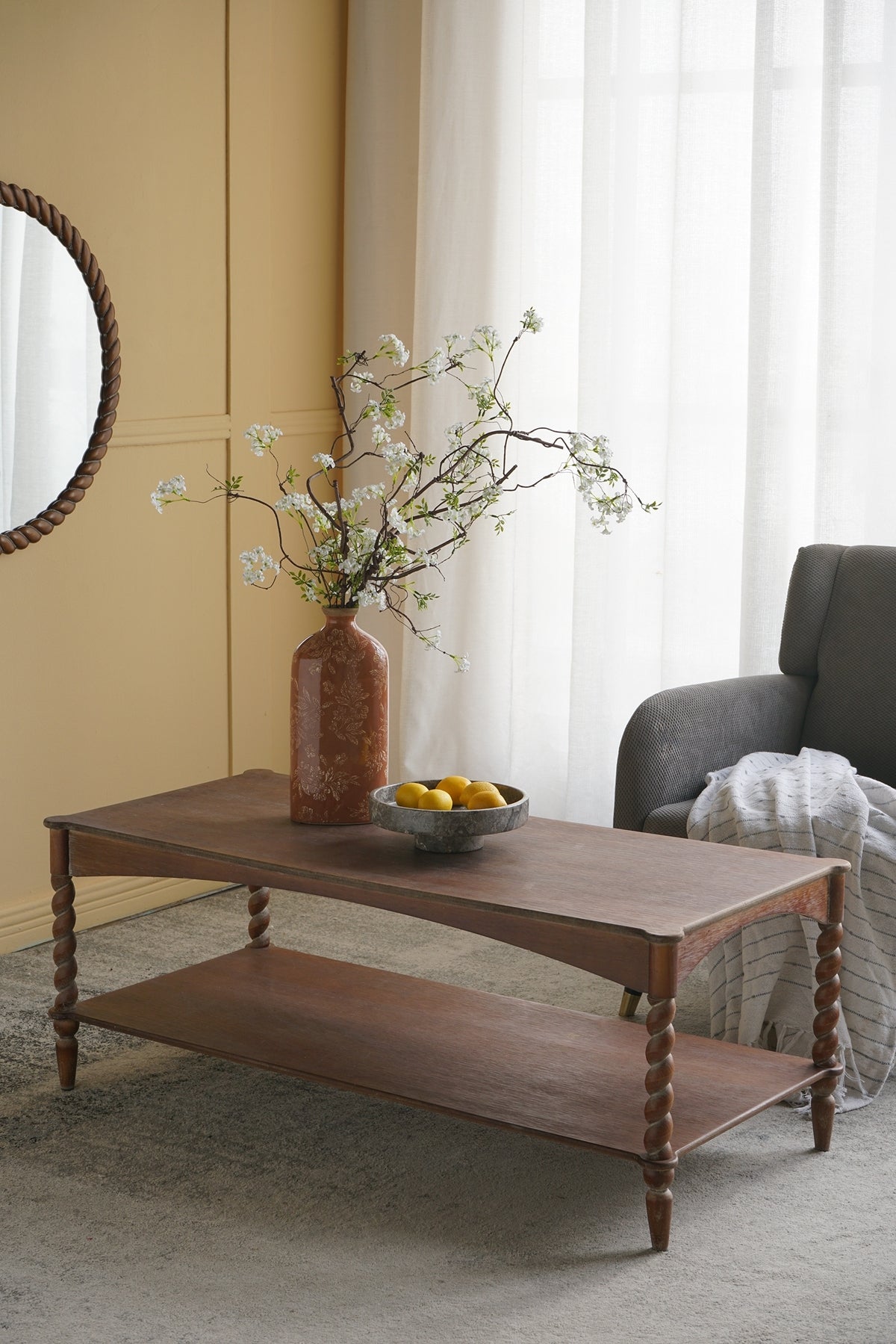 Rustic Brown Wood Coffee Table with Turned Spiral Legs and Lower Shelf