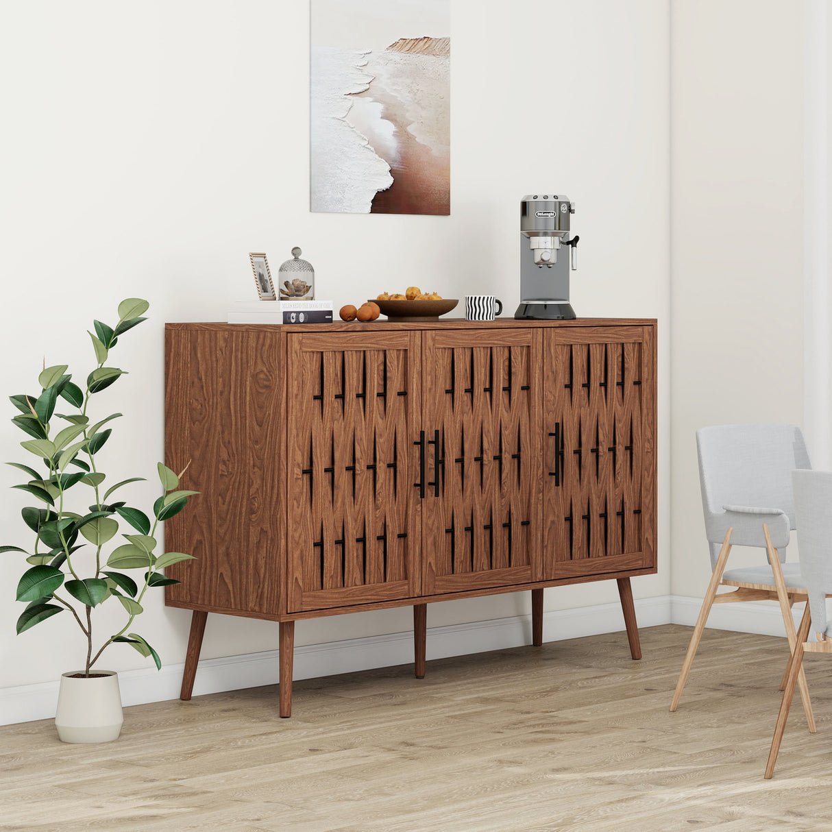 Walnut Sideboard Cabinet with Adjustable Shelves and Anti-Tip Safety