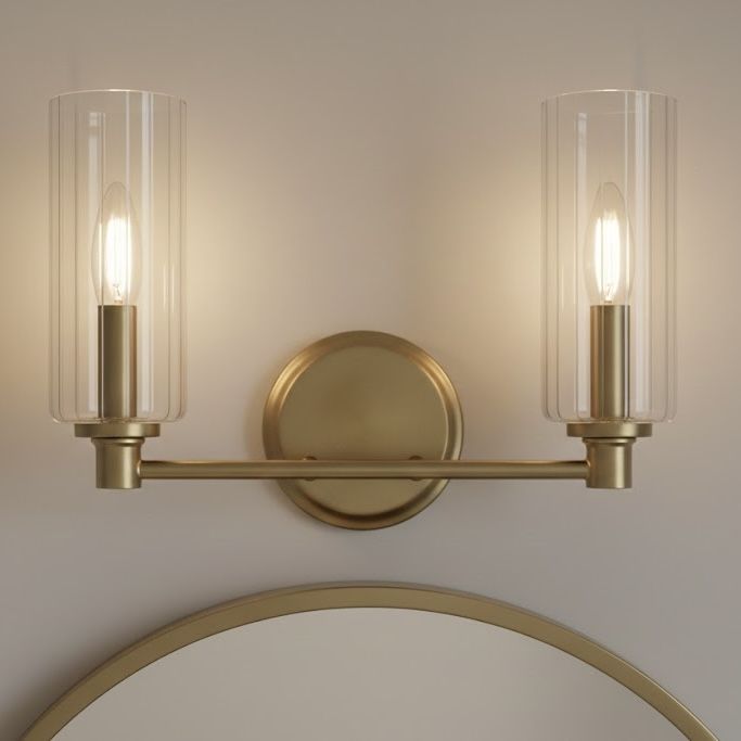 Regal - Double Light Vanity With Clear Ribbed Satin - Antique Brass / Clear