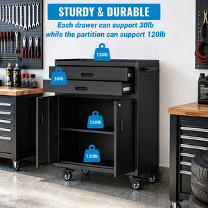 Metal Tool Garage Storage Cabinet with 2 Drawers and 2 Doors, with Wheels and Lock