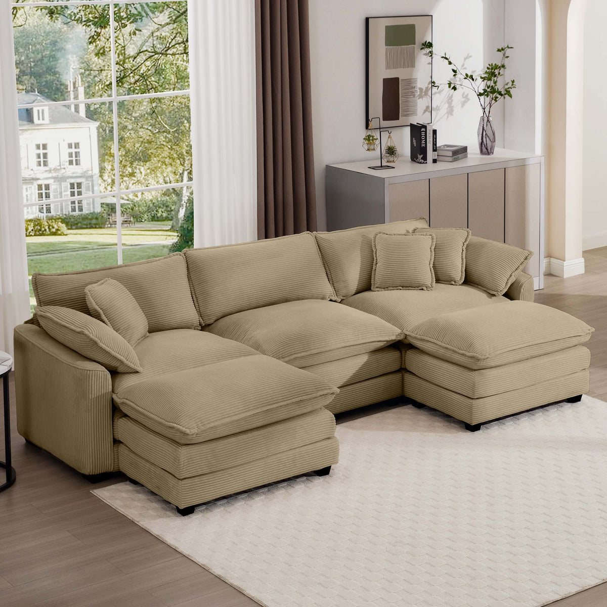 Modern Modular Cushion Sofa Set with Ottoman - Fabric, Multiple Colors