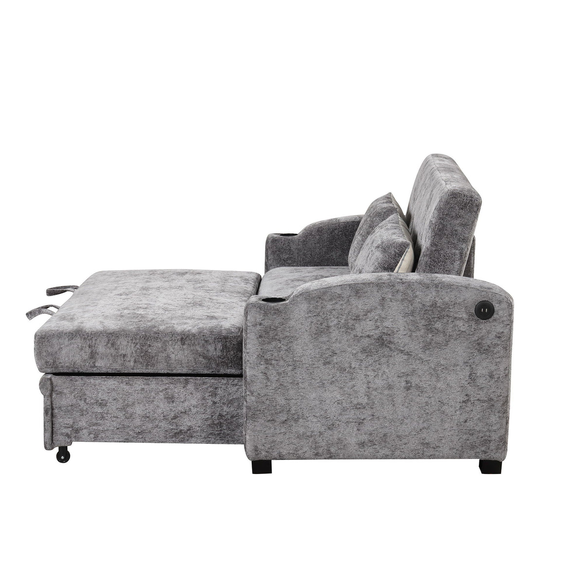 Pull Out Loveseat Sofa With Adjsutable Backrest, 2 Pillows, Cup Holders, USB Ports For Living Room