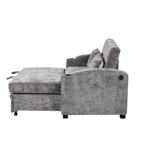 Pull Out Loveseat Sofa With Adjsutable Backrest, 2 Pillows, Cup Holders, USB Ports For Living Room