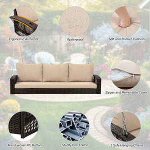 3 Person Large Patio Swing Bench With Cushions For Backyard