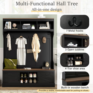 Vibe Haus 71''H Farmhouse Hall Tree with Bench and Shoe Storage