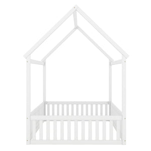 Wood House Bed With Fence And Door