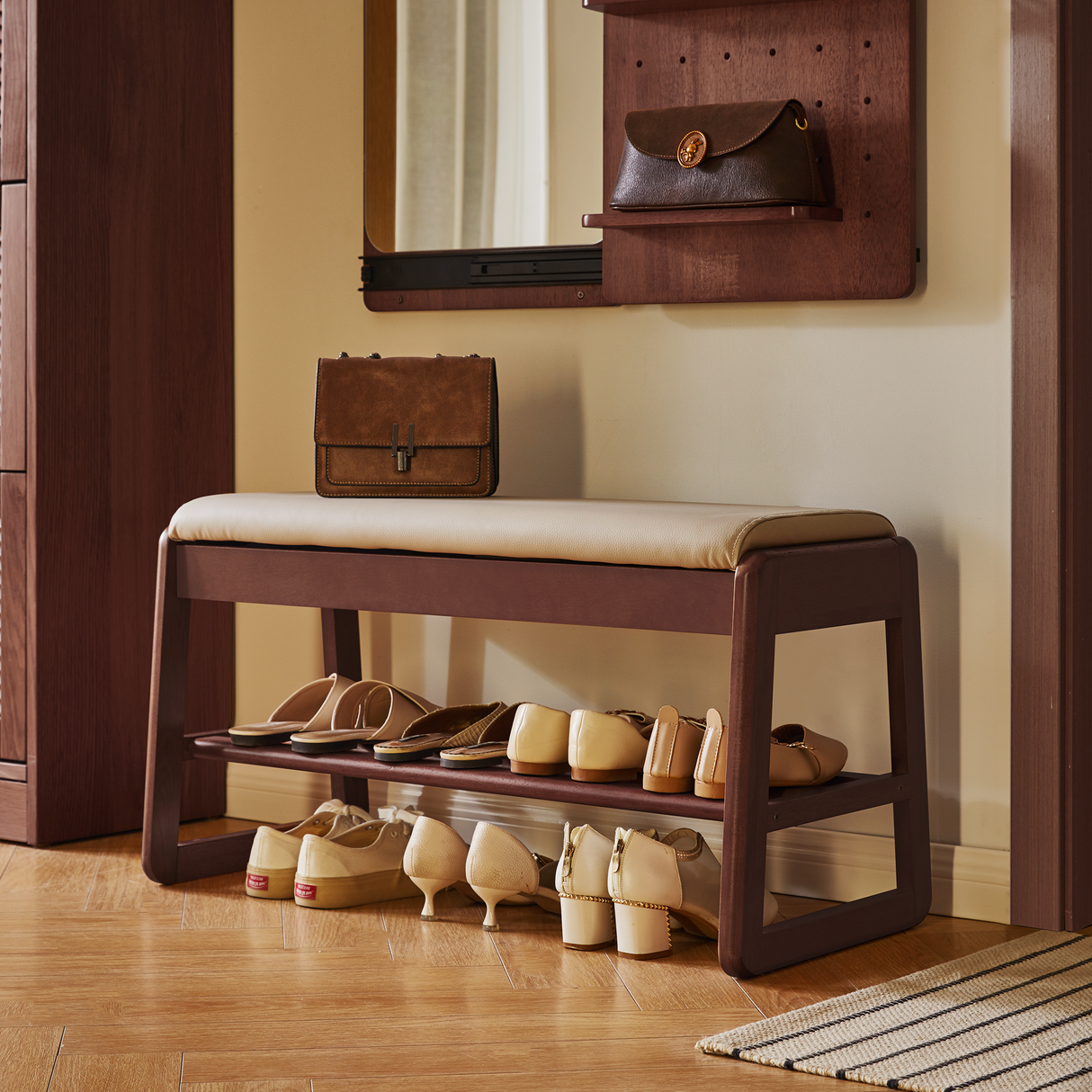 Wood Shoe Storage Bench with Premium Vegan Leather Seat