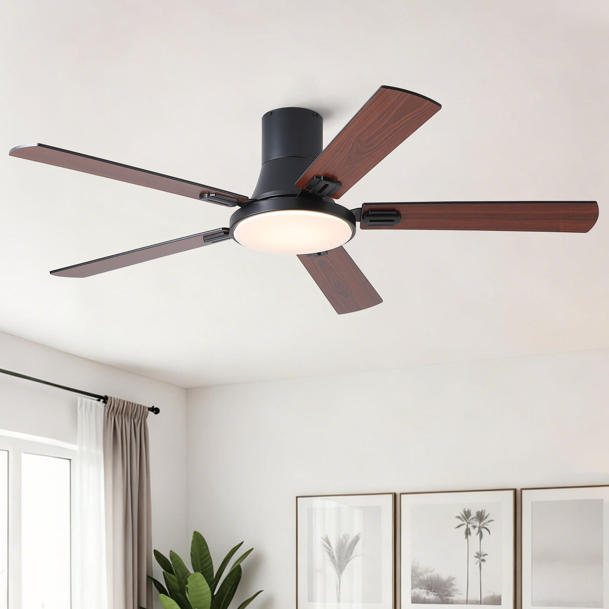 Flush Mount Ceiling Fans With LED Light And Remote Control, 5 Blades