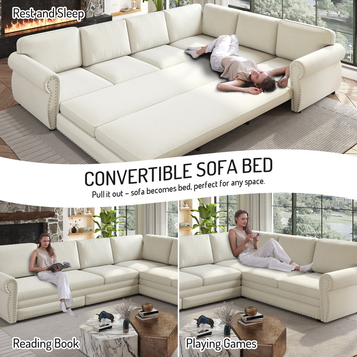 118" L-Shaped Convertible Sofa Bed