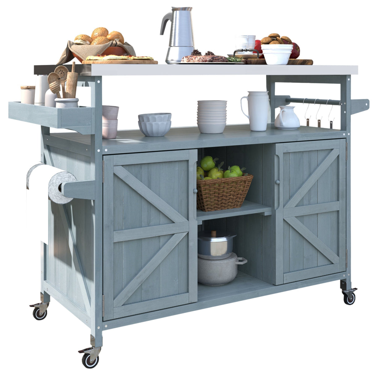 K&K Outdoor Kitchen Island, Rolling Bar Cart & Storage Cabinet