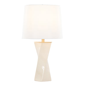 Curvo Square 27" Ceramic Table Lamp in Cream Ceramic, Gold Metal, and White Linen