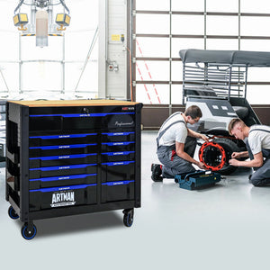 12 Layer Drawer Multi Purpose Tool Cart With Wheels And Wooden Countertops - Black / Blue