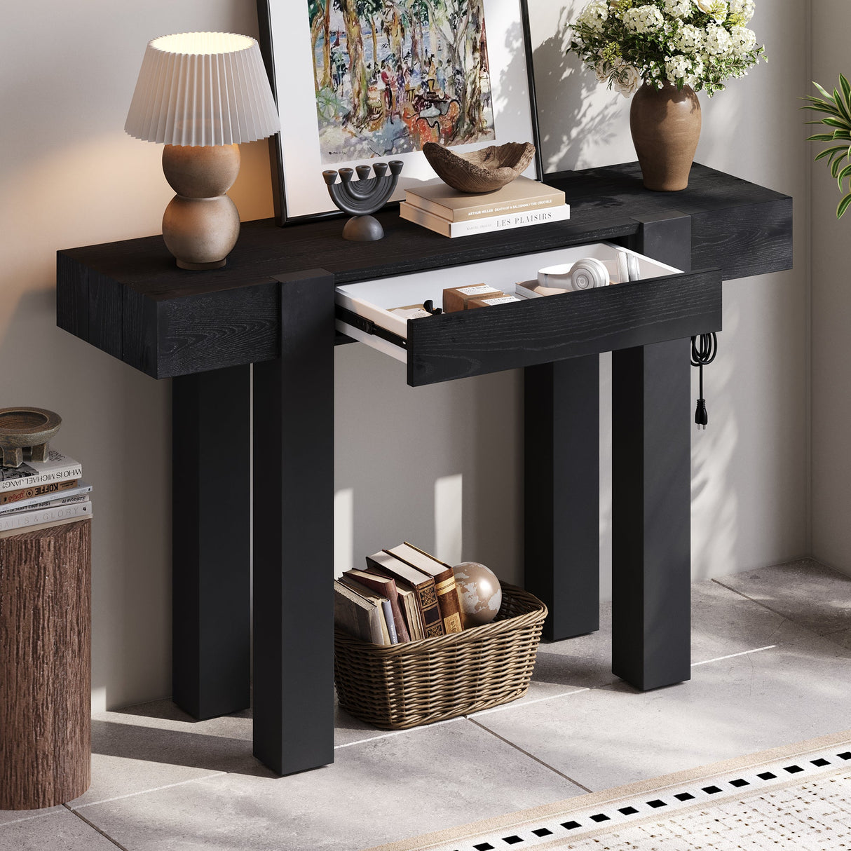 TREXM Rustic Minimalist Console Table with Hidden Drawer, Side Power Outlet