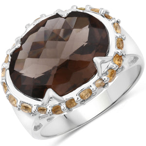 9.58 Carat Genuine Smoky Quartz and Citrine .925 Sterling Silver Ring