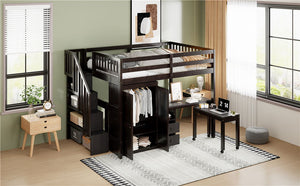 Loft Bed With Stairs, Bookshelf, Drawers, Desk & Wardrobe, Space Saving Multifunctional Furniture