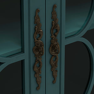 Elegant European Antique Style 4-Door Cabinet with Tempered Glass Doors, Dark Green MDF with Wood Veneer and Solid Wood Legs, 59.45L x 15.75W x 31.89H inches