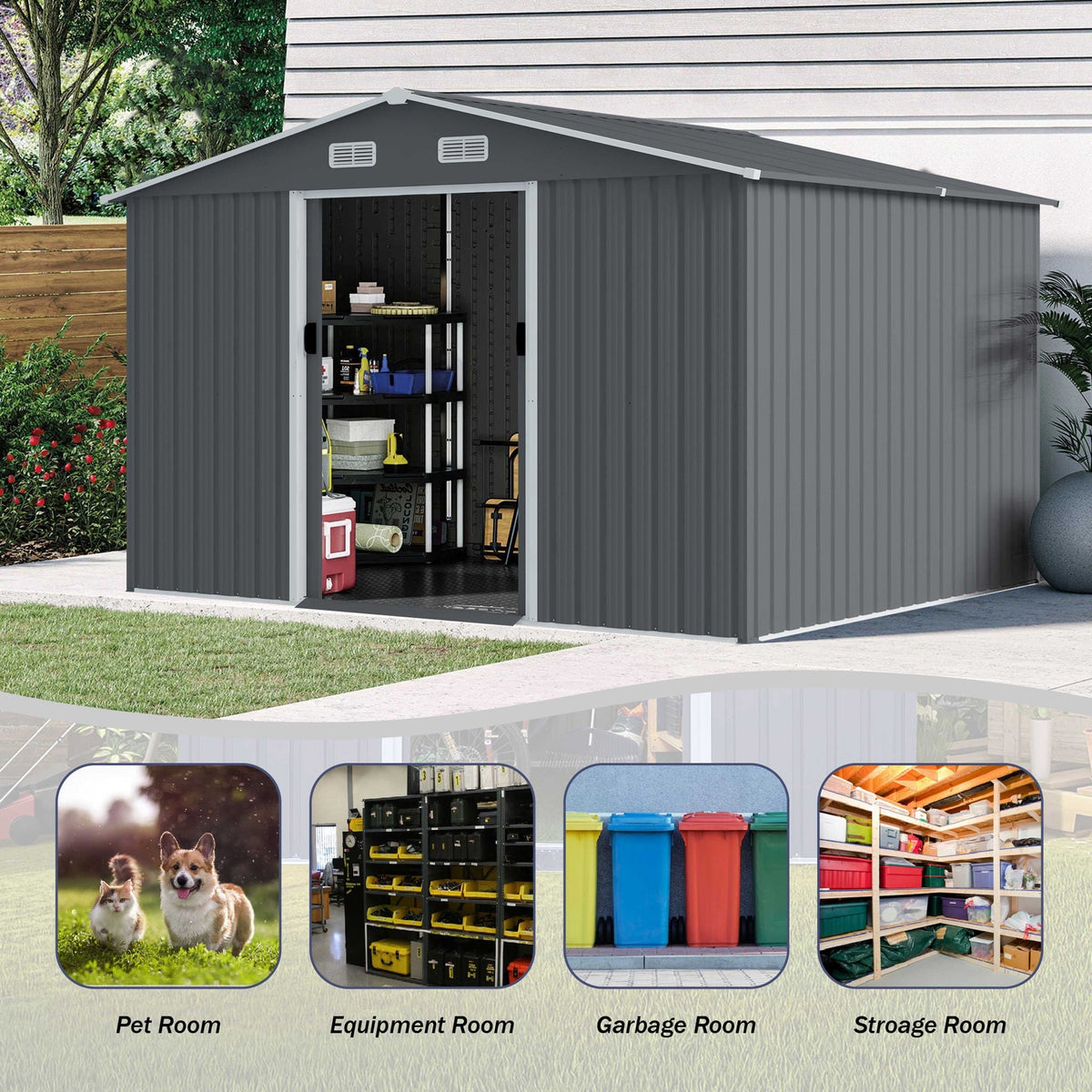 Outdoor Storage Shed Large Metal Tool Sheds, Heavy Duty Storage House With Sliding Doors
