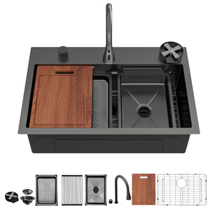 Drop In Waterfall Kitchen Sink with Pull-Out Faucet & Cup Washer - Gray or Black