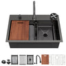 Drop In Waterfall Kitchen Sink with Pull-Out Faucet & Cup Washer - Gray or Black