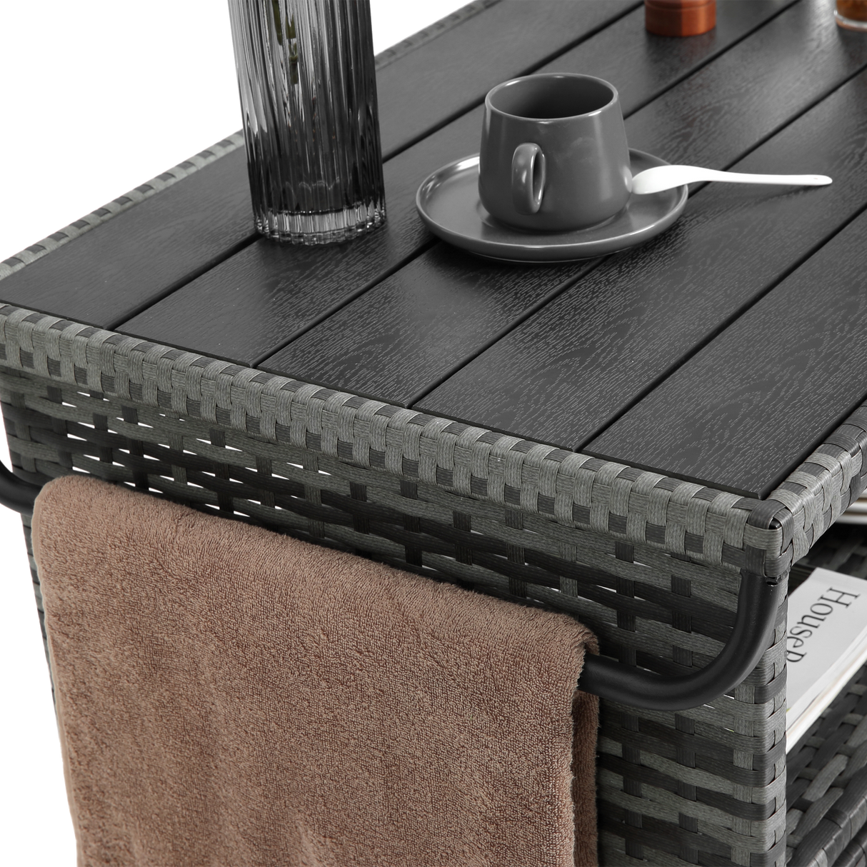 Outdoor Wicker Bar Cart with Glass Top and Wheels - Light Brown