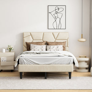 Beige Linen Full Bed Frame – Sturdy Platform Bed With Storage