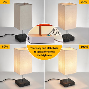 Touch Table Lamp with USB & Outlet – Modern Fabric Shade Bedside Light for Bedroom