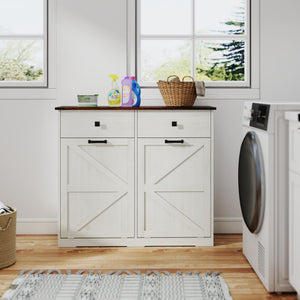 Double Tilt Out Trash Cabinet With Hideaway Drawer And Barn Door Style